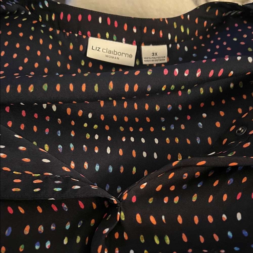 Liz Claiborne Black Blouse with Multicolor Teardrop Dots